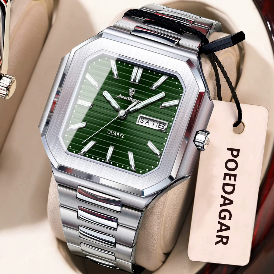 POEDAGAR Armbanduhr Quarz, Edelstahl, Silber, Grün, Herren - Bild 2
