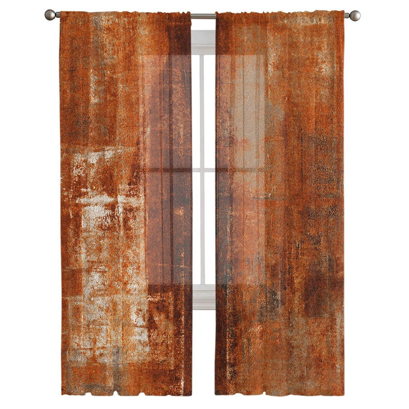 A Family Of Home Textiles Transparente Tüll-Vorhänge mit abstrakter geometrischer Textur in Orange, 2er-Set, Breite: 135 cm, Höhe: 160 cm - Bild 2