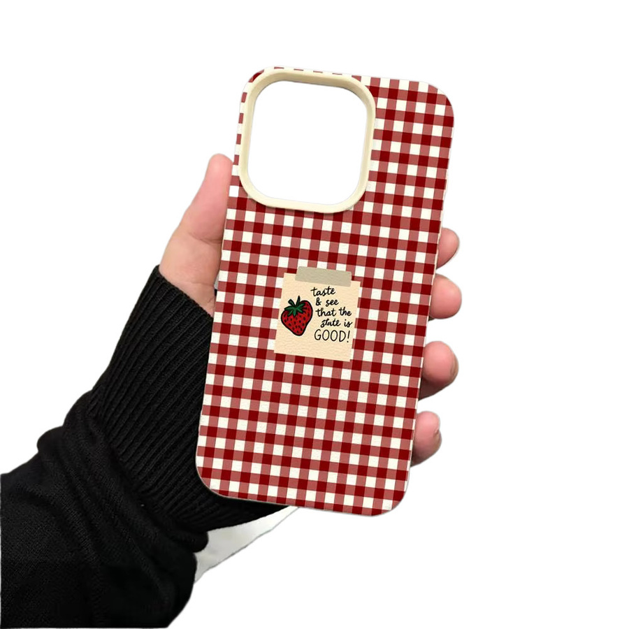 Stoßfeste Handyhülle mit kariertem Kirschmädchen-Design für Apple iPhone 11 12 13 14 15 16 17 Pro Max XS X XR Plus in Rot - Bild 3
