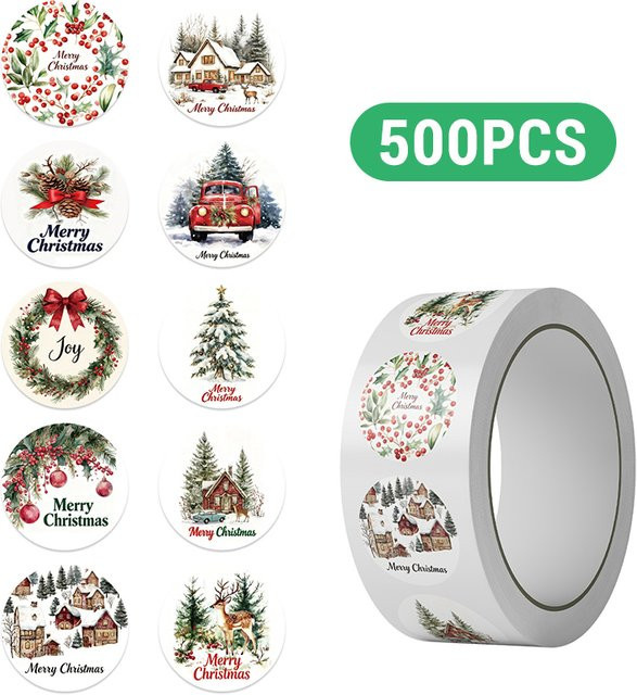 500 Stück Weihnachtsaufkleber auf Rolle, runde Etiketten mit 10 Designs, Durchmesser: 3,81 cm, Multicolor - Bild 1