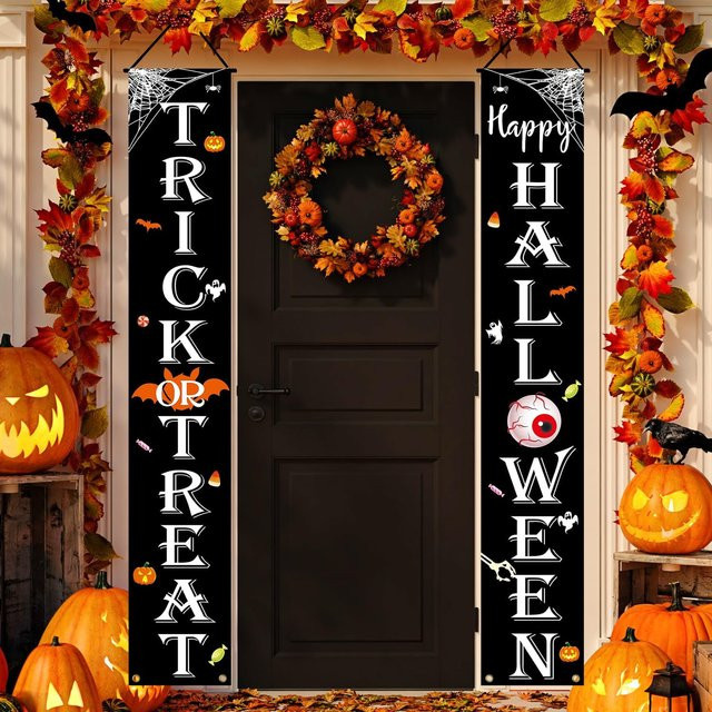 VIKAMA Halloween Trick or Treat Banner Dekoration für Innen und Außen, weißes Textil-Wimpelbanner mit Schriftzug, Breite: 30 cm, Höhe: 180 cm - Bild 1
