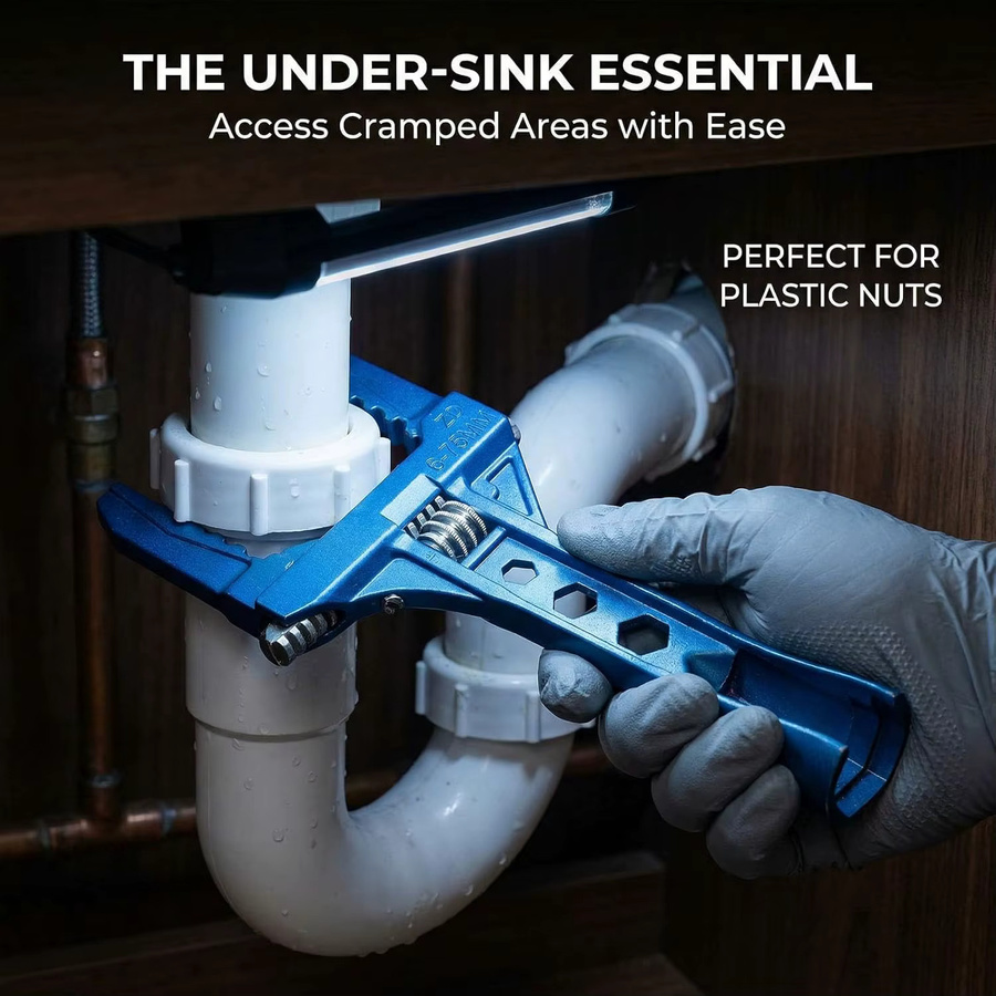 NIUXIANG Multifunktionaler Universalschlüssel aus Aluminiumlegierung für Badezimmer und Rohrmuttern, verstellbar 6-68mm, Silber/Blau - Bild 2