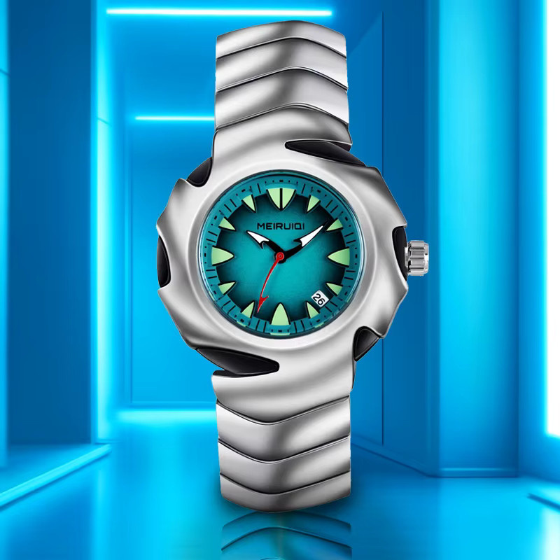 MEIRUIQI Armbanduhr Quarz, Edelstahl, Silber, Blau, Datum, Herren - Bild 3