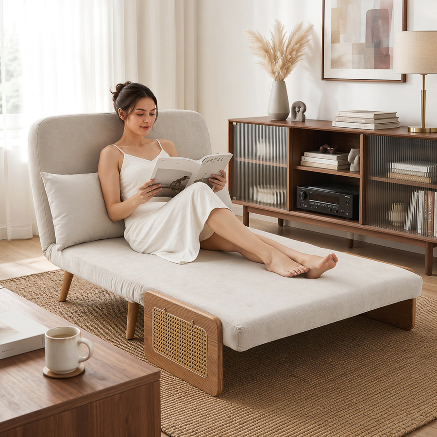 HOMCOM 3-in-1 2-Sitzer-Schlafsofa aus Chenille in Creme mit verstellbarer Rückenlehne und 2 Kissen, modernes Design mit Holzarmlehnen und Hevea-Holzfüßen für Wohnzimmer und Schlafzimmer - Bild 2