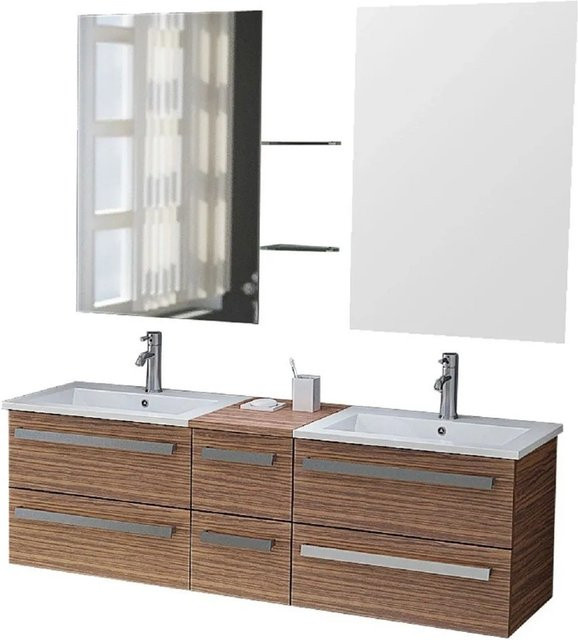Jet-Line Badmöbel Set Zürich II in Zebraoptik Dunkelbraun mit 2 Waschbecken, 2 Spiegeln, 2 Unterschränken und 1 Mittelschrank, Breite: 150 cm - Bild 1