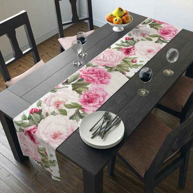 JINGYUE Pet Tischläufer aus Leinen mit rosa Rosen und Aquarell-Wildblumen, Grau/Mehrfarbig, B/H: 150 x 33 cm - Bild 1