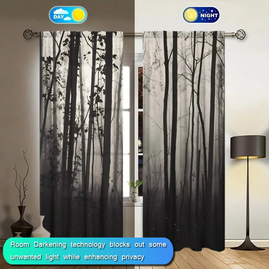VOZMIO Vorhang Set mit 2 Paneelen im ästhetischen Wald-Design und Rauchdruck für deine künstlerische Heimdekoration - Bild 5