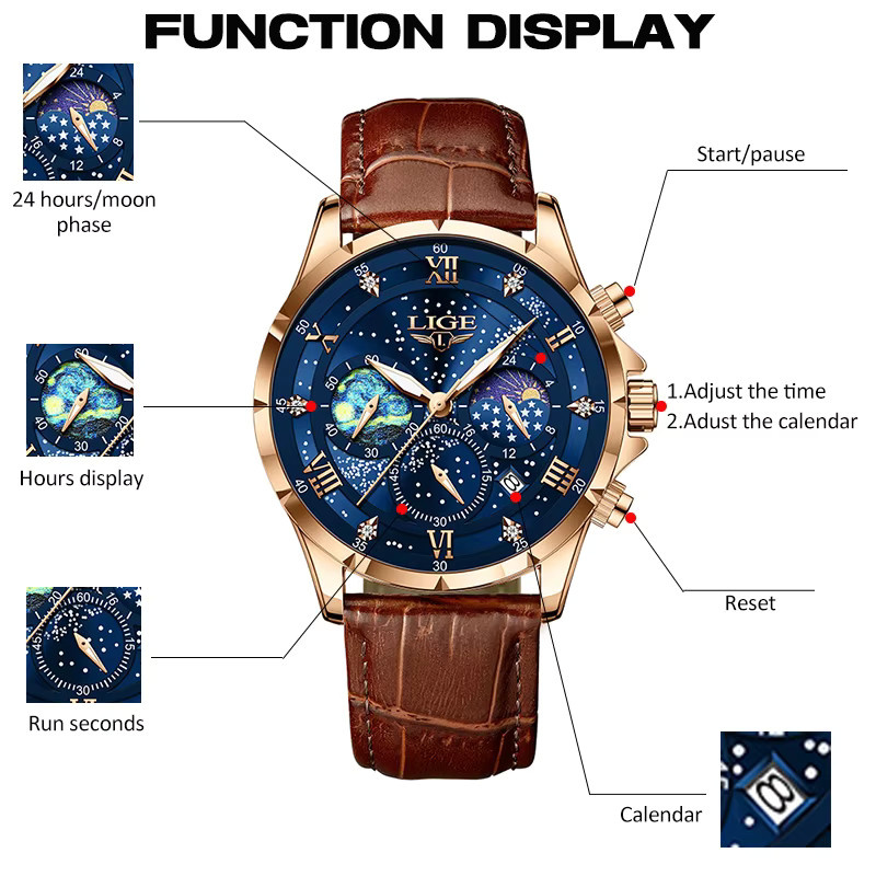 Lige Chronograph, Quarz, Leder, Herren, Blau, Gold, Datum - Bild 4
