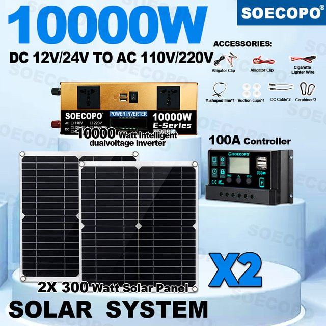 soecopo Solarstrom-Kit 10000 W mit 600 W Panel, 100 A Controller und 10000 W Wechselrichter für 12 V/24 V auf 110 V/220 V als Notfall-Backup für dein Zuhause - Bild 1