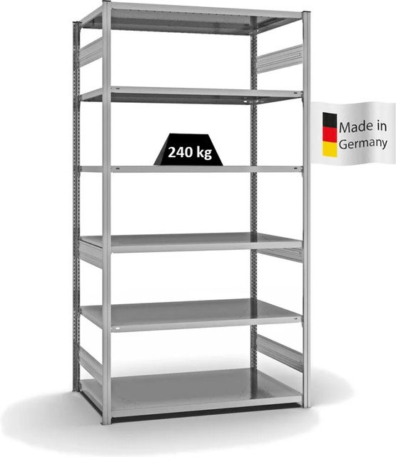 PROREGAL Fachbodenregal Stecksystem T-Profil Medium-Duty, verzinkt, Farbe: Silber, H x B x T: 250 x 130 x 80 cm, 6 Ebenen, Fachlast 240 kg, beidseitig nutzbar - Bild 1