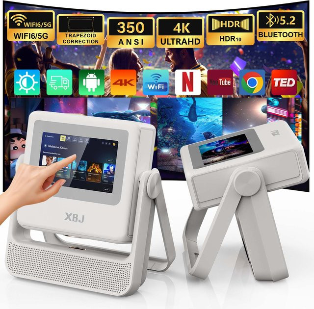XBJ Smart Touch Screen Tragbarer Projektor mit 4K UHD, Wifi 6 und Bluetooth, Autofokus, kompatibel mit Telefon, TV Stick und PC - Bild 1