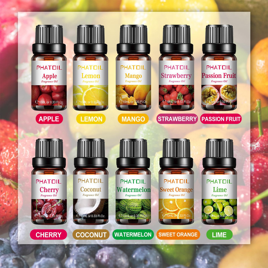 PHATOIL 10-teiliges Geschenkset mit Fruchtduftölen in Multicolour für Aromatherapie, Massage und DIY-Projekte - Bild 3