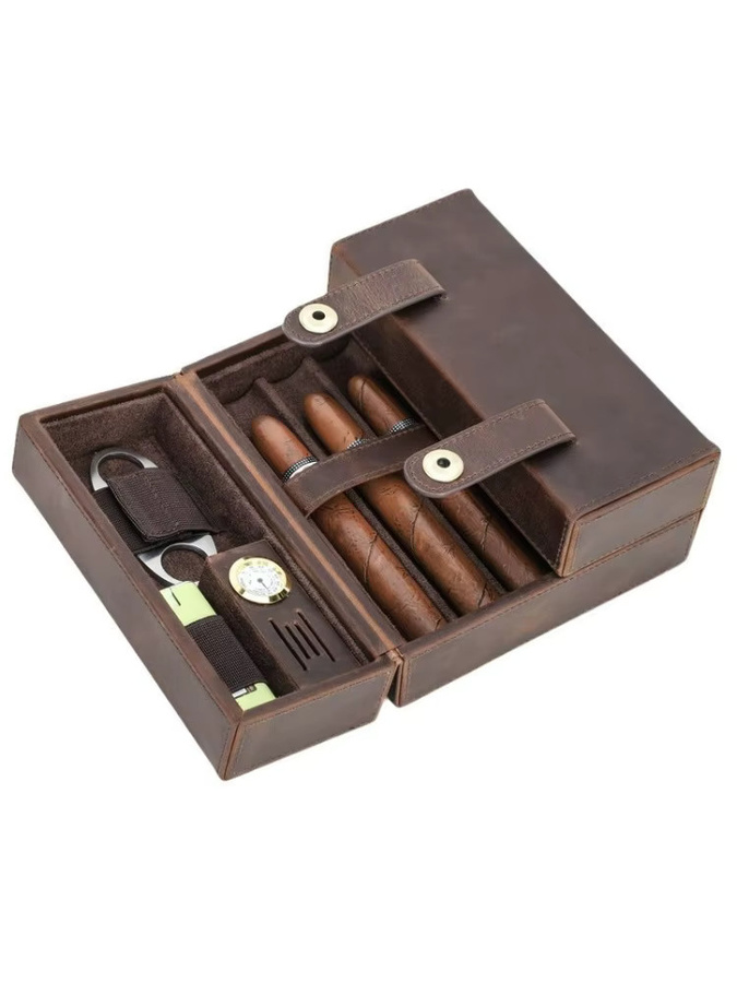 Cattabby Zigarren-Humidor aus echtem Rindsleder mit Hygrometer und Befeuchter, braun - Bild 4
