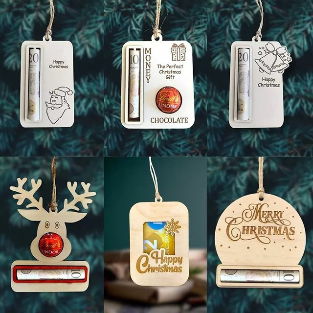 5er-Set Weihnachts-Kartenhalter Ornamente aus Holz und Acryl als Anhänger für Geld und Schokolade zur Weihnachtsbaumdekoration - Bild 1