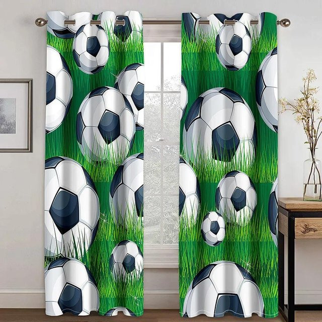 Fußball Fenster Vorhänge mit 3D Design in Rot Weiß Blau und Hellgrün, 2er Set mit Haken, Polyester - Bild 1