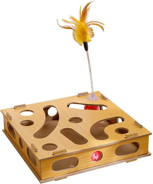 TOMTOP JMS Katzenspielzeug Puzzlebox Krallenschleifen, Interaktive Katzenspielbox mit Katzenreizstab, beige - Bild 1