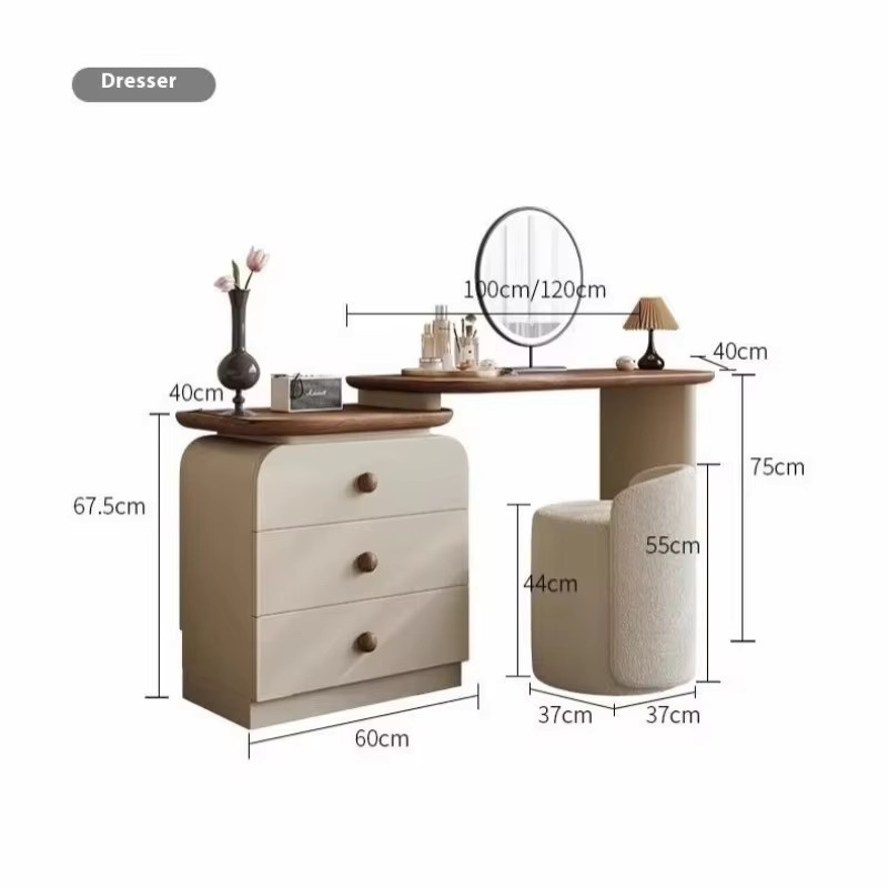 XMSJ Schminktisch aus massivem Holz im französischen Antik-Stil mit LED-Beleuchtung und drehbarem Hocker in Beige - Bild 4