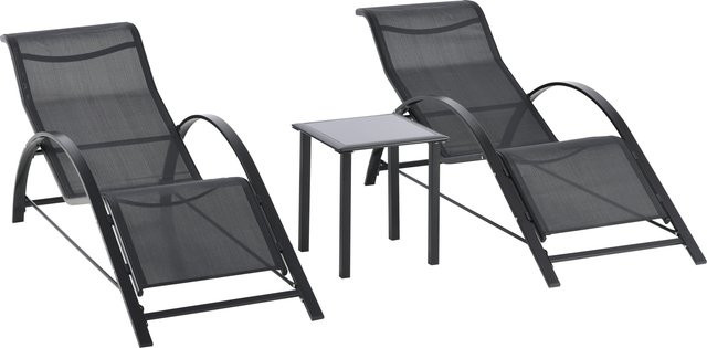 OUTSUNNY Sonnenliege mit Tisch 3er-Set in Schwarz aus Metall und atmungsaktivem Textilene für Garten, Balkon und Terrasse - Bild 1