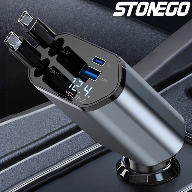 STONEGO 4-in-1 Autoladegerät in Schwarz mit einziehbaren USB-C Verlängerungskabeln und Dual-Port Schnellladegerät - Bild 1