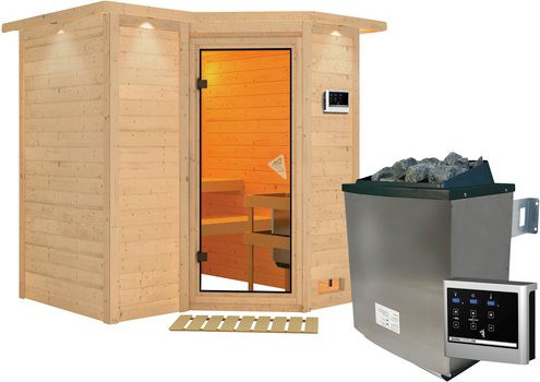 Karibu Sauna Riga 1 aus Fichtenholz in Beige inklusive 9 kW Saunaofen mit externer Steuerung für 3 Personen, B/T/H: 198,0 x 212,0 x 221,0 cm - Bild 1