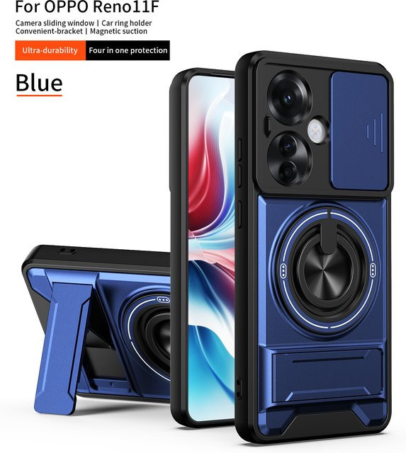 Armor stoßfeste Handyhülle für Oppo Reno11 F 5G mit verschiebbarer Kamerakappe, integriertem Magnetring und Ständer in Schwarz - Bild 1