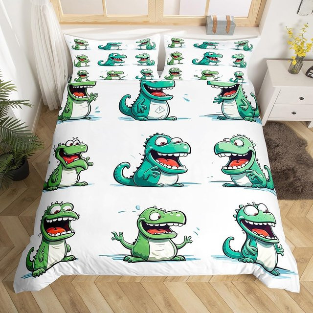 Binchi Outdoor Product Dinosaurier Bettwäscheset für Kinder mit Cartoon Dschungeltieren, Farbe: Weiß, B/H: 200 x 200 cm - Bild 1