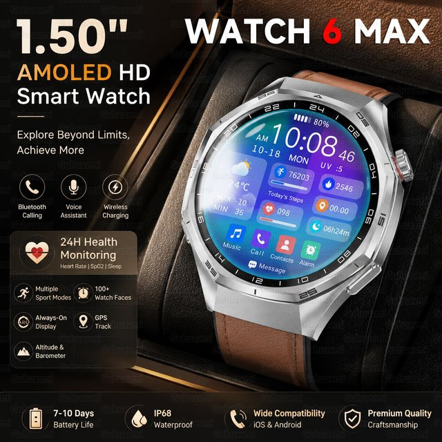 GUHUAVMI Outdoor-Sport-GPS-Smartwatch für Herren mit 1,50 Zoll HD-AMOLED-Bildschirm, IP68 wasserdicht, Bluetooth-Anruffunktion, Schwarz, kompatibel mit Android und iOS - Bild 1