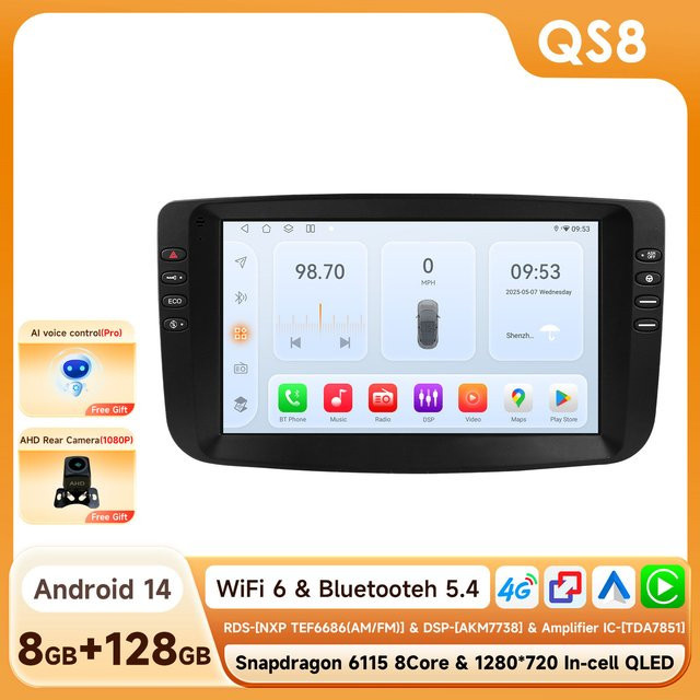 OSSURET Android 14 Autoradio für Fiat Linea Punto EVO 2012 - 2015 mit 8-Kern Prozessor, 8GB RAM, 128GB Speicher, GPS, AI Carplay und 360 Kamera Bildschirm, 2din, Schwarz - Bild 1