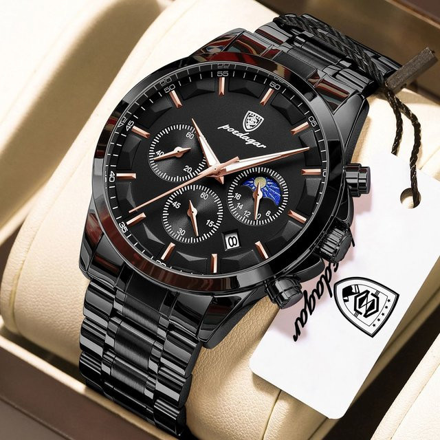 POEDAGAR Armbanduhr Chronograph, Quarz, Edelstahl, Schwarz, Herren - Bild 1