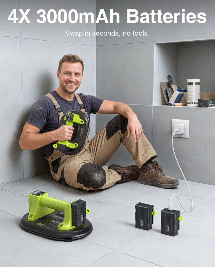 TaskStar 2er-Pack Elektrische Saugnäpfe für Glas- und Fliesenheben mit 250 kg Schwerlastkapazität, 10-Zoll Handgehaltener Fliesen-Vakuumheber inklusive 4 Batterien à 3000mAh - Bild 5