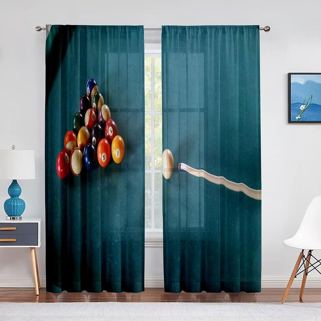 Yiran Furniture Vorhänge mit Billard-Druck, halbtransparent, Petrol, 2 Paneele, B: 100 cm, H: 130 cm - Bild 1