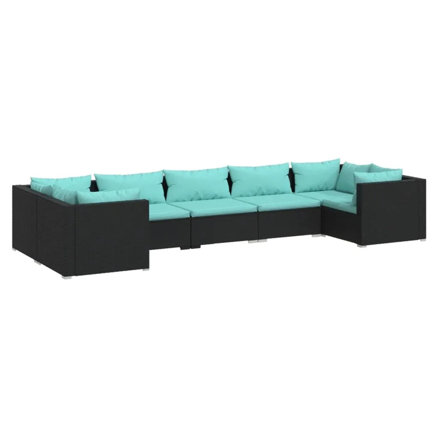 vidaXL 7-tlg. Garten-Lounge-Set aus Poly-Rattan in Schwarz mit blauen Kissen und Metallgestell - Bild 2