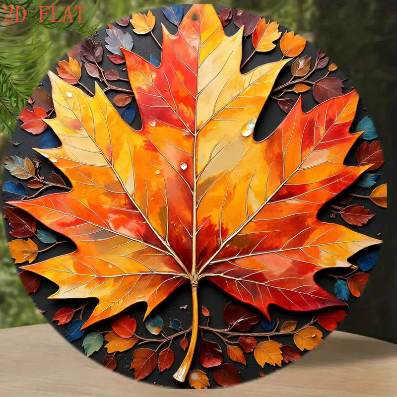 Rundes Aluminium-Wandschild von Potdemiel mit Herbst-Ahornblatt-Motiv in Rot, Orange und Gelb auf schwarzem Hintergrund, Durchmesser: 20,32 cm - Bild 4