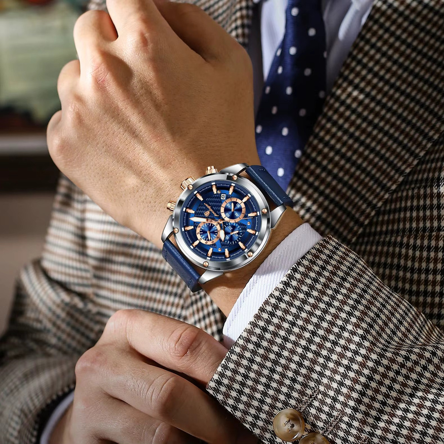 POEDAGAR Chronograph Armbanduhr, Quarz, Leder, Blau, Herren - Bild 6