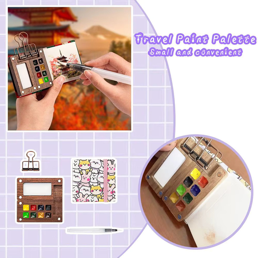 Tragbares Mini-Aquarellfarben-Set mit Holzpalette in Mehrfarbig für Künstler, Anfänger und Kinder - Bild 4