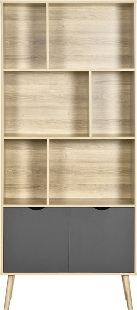 HOMCOM Bücherregal mit 2 Türen und 6 Regalfächern in Holzoptik und Dunkelgrau, B: 35 cm, T: 35 cm, H: 180 cm - Bild 1