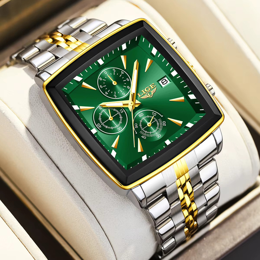 LIGE Armbanduhr Quarz, Edelstahl, Bicolor, Grün, Eckig, Herren - Bild 6