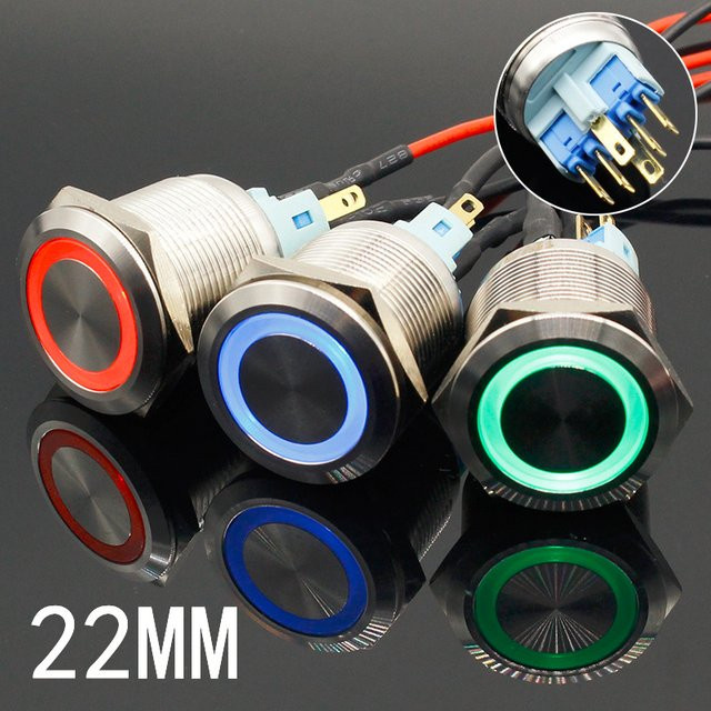 ELEABC LED Drucktaster aus Metall in Grün, wasserdicht, 22mm, mit Momentan- oder Rastfunktion für 5V 12V 24V 220V - Bild 1