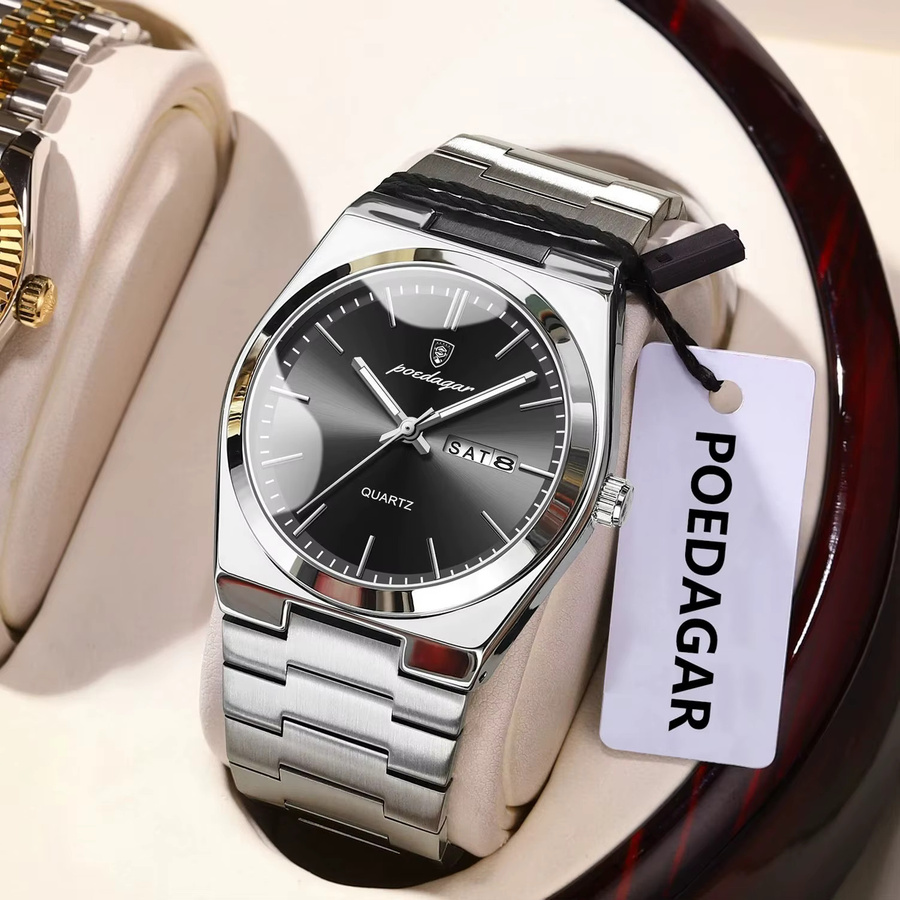 POEDAGAR Armbanduhr Quarz, Edelstahl, Schwarz, Silber, Herren - Bild 2