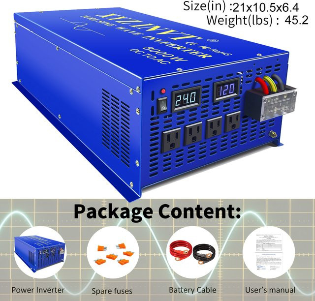 WZRELB Off Grid Sinus Wellen Inverter 8000 W 24 V auf 220 V Solar Spannungskonverter in Blau - Bild 1