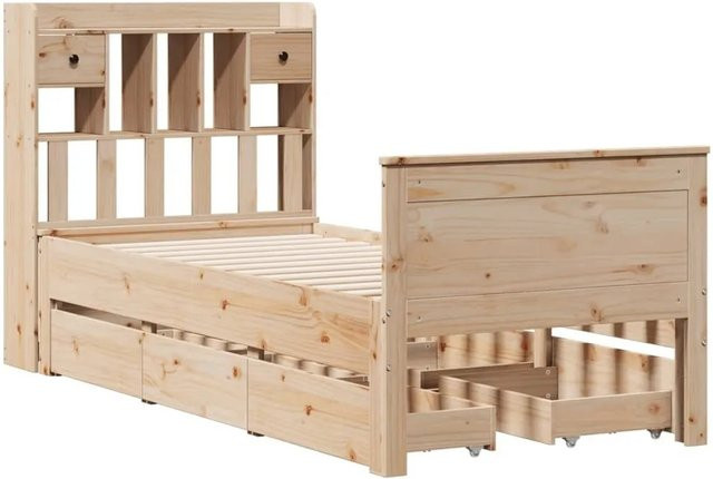 vidaXL Massivholzbett aus Kiefer mit Kopfteil inklusive Regal und 6 Schubladen, B/T/H: 90 x 190 cm (unbehandelt) - Bild 1