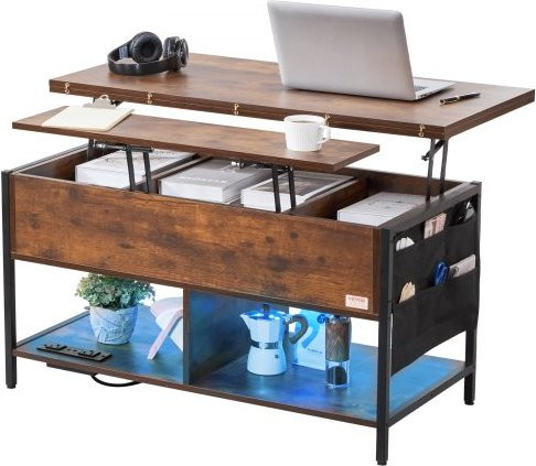 VEVOR Couchtisch mit Lift-Top und integrierter Beleuchtung, rechteckiger Wohnzimmertisch mit Steckdose, USB und Aufbewahrungstaschen, Braun, B/T/H: 100 x 55,2 x 50 cm - Bild 1