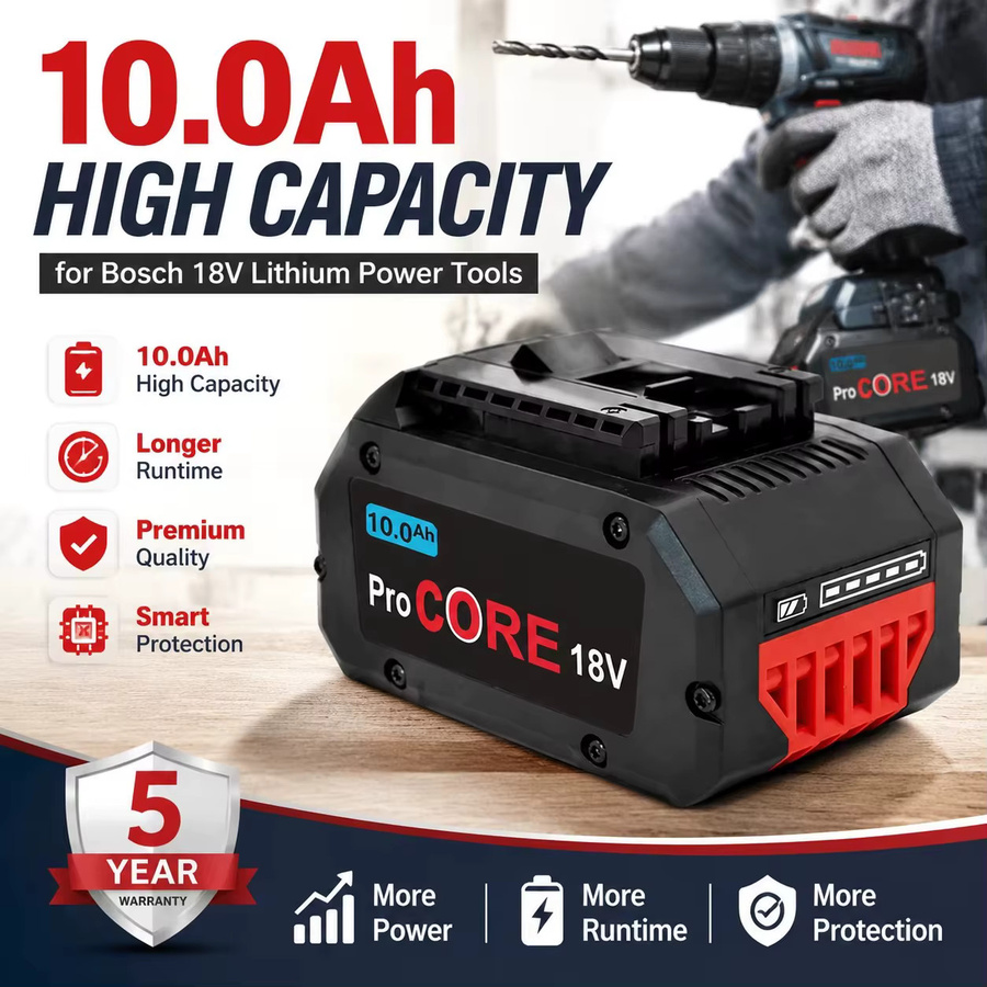 Ddadache Lithium-Ionen Akku-Pack 18V 10,0Ah Schwarz Kompatibel mit Bosch ProCORE BAT609 BAT618 GBA18V8 Ersatzakku für Akku-Elektrowerkzeuge - Bild 1