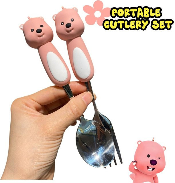 Pororo Cartoon Loopy Besteckset Rosa mit Löffel und Gabel für unterwegs - Bild 1