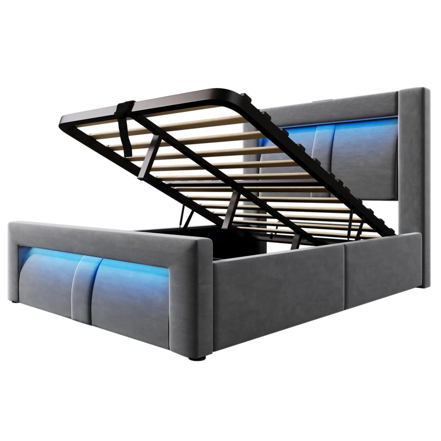 okwish Einzelbett für Kinderzimmer mit LED-Beleuchtung, USB-Ladeport und Nachttischregal, Grau, B/T/H: 90 x 200 x 45,5 cm (ohne Matratze) - Bild 2