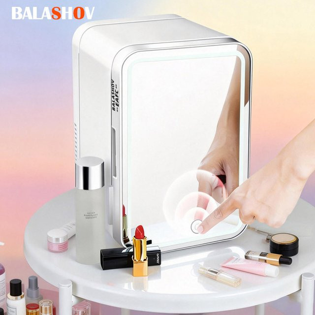 BALASHOV Multifunktionaler Mini-Kühlschrank für Kosmetik und Wohnheim, tragbarer Tischkühlschrank mit Spiegel, Weiß, 4L - Bild 1