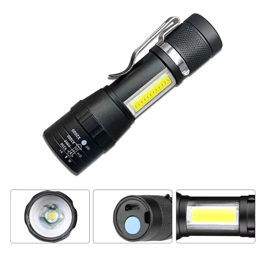 KDULIT Mini-LED-Taschenlampe in Schwarz mit COB und XPE, wiederaufladbar und zoombar mit 3 Modi für Outdoor, Camping und Notfälle - Bild 2