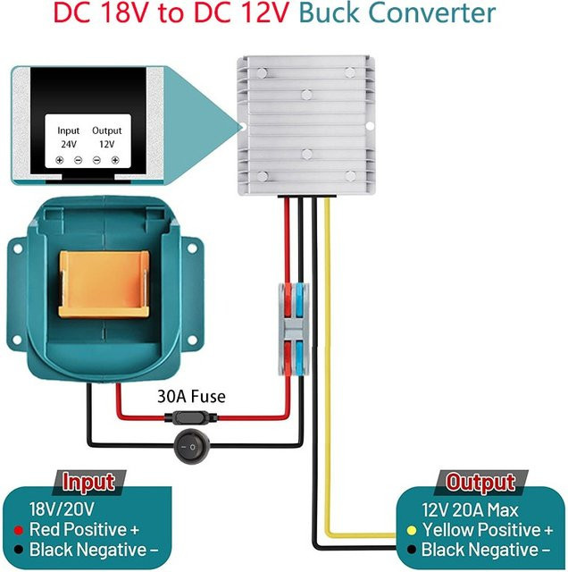 Buck-Konverter DC18/20V auf 12V für Makita 18V Li-Ion Akku, 240W 20A mit Schalter und 30A Sicherung, DIY Stromadapter für Spielzeugautos - Bild 1