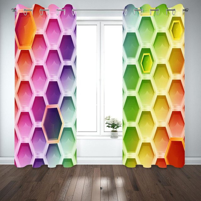 2er-Set semi-transparente Fenstervorhänge mit 3D-Illusion und psychedelischem geometrischem Design in Schwarz und Multicolour von Your Warm Home, Breite: 100 cm, Höhe: 130 cm - Bild 1