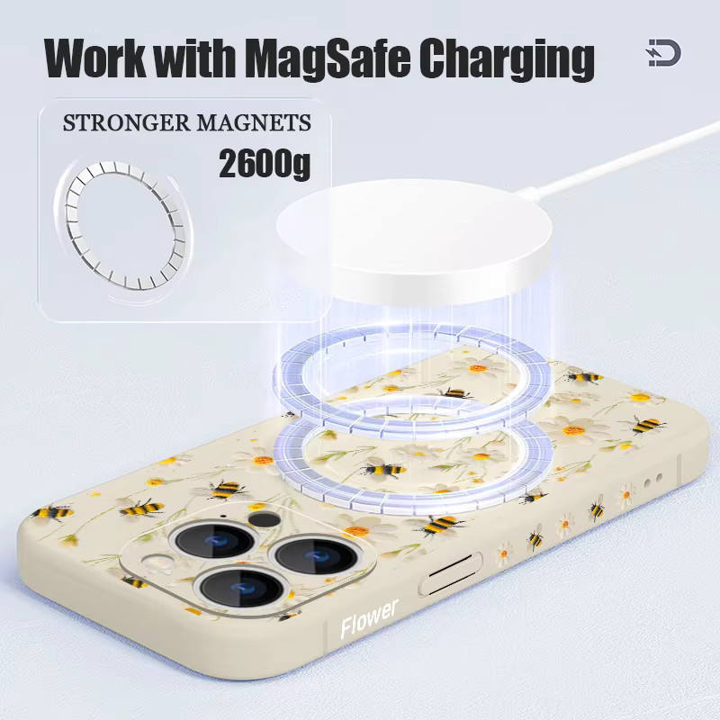 YISHANGOU Handyhülle mit Honeybee Flowers Pattern für iPhone 12 bis 17 Pro Max, magnetisch für MagSafe, Soft TPU Cover, Schwarz - Bild 3